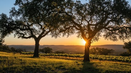 Wall Mural - Sunset Serenity: Majestic Oaks and Vineyard Landscape