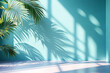 © RK graphics - Generative concept with palm leaves casting shadows on a blue wall and pastel floor