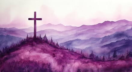 Wall Mural - A simple watercolor painting of a cross on a hill with a dotted background in purple tones