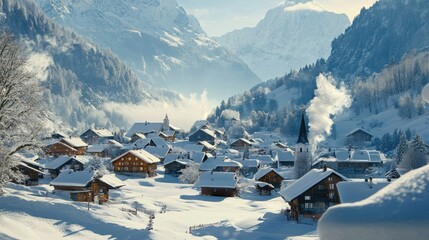 Wall Mural - An alpine village surrounded by sparkling snow drifts, with chimneys puffing smoke and distant peaks glowing in the early morning light