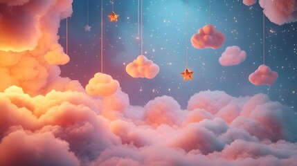 Wall Mural - Whimsical pastel clouds with glowing stars soft gradients and fluffy playful textures create a youthful imaginative and serene celestial landscape design