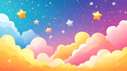 Wall Mural - Whimsical and enchanting pastel clouds and twinkling stars create a dreamy fantasy inspired landscape full of youthful charm and imaginative appeal  The vibrant glowing colors and fluffy