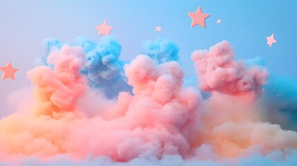 Wall Mural - Imaginative and whimsical pastel clouds and stars with soft fluffy textures create a captivating and ethereal dreamscape that inspires a sense of wonder and creativity