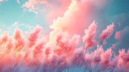 Wall Mural - Mesmerizing pastel gradient landscape with soft fluffy textures and a whimsical fantasy inspired charm  A serene and captivating scene that evokes a sense of wonder and imagination