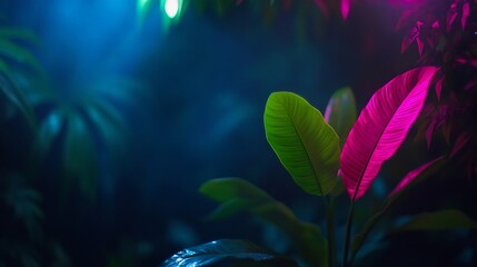 Wall Mural - Neon Tropical Night: Vibrant Leaves in Dark Jungle