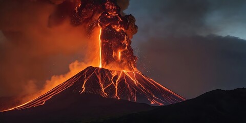 Wall Mural - A hyper-realistic depiction of a violent volcano eruption, lava explosively bursting from the crater, lit by dramatic lightning strikes in the background, utilizing three-point lighting