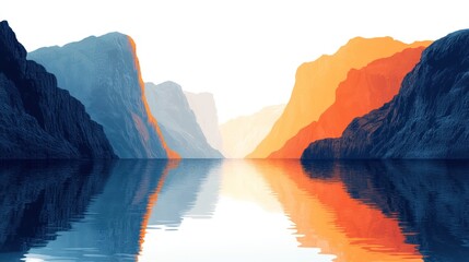 Wall Mural - Majestic mountains reflected in calm water at sunrise.