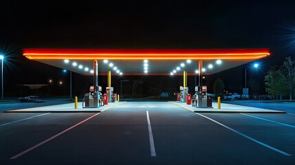 Wall Mural - A deserted gas station at night with neon signage glowing and bright lights shining over the parking lot, creating a peaceful scene