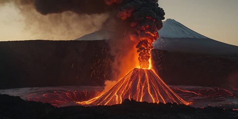 Wall Mural - A hyper-realistic depiction of a violent volcano eruption, lava explosively bursting from the crater, lit by dramatic lightning strikes in the background, utilizing three-point lighting