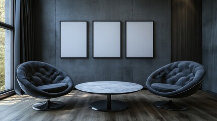 Wall Mural - Modern Minimalist Living Room with Stylish Chairs and Blank Frames