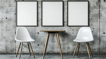 Wall Mural - Minimalist Room with Empty Frames and Modern Chairs on Concrete Wall