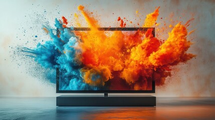 a television with colorful business icon exploding on the screen, white background,