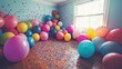 © Suphawan - A fun and colorful arrangement of balloons in various sizes, filling a room corner with confetti scattered on the floor