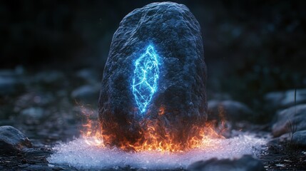 Wall Mural - Glowing Mystic Stone Surrounded by Fire and Water Effects