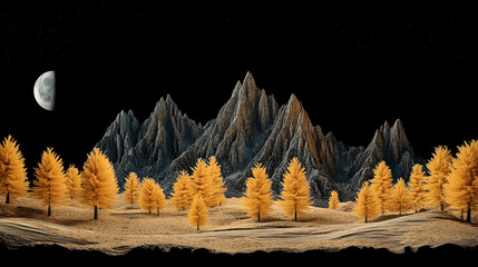 Wall Mural - Amber hued mountains trees a moon, wood, a pitch black background, and a 3D wallpaper.