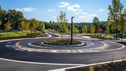Wall Mural - a newly constructed roundabout, with fresh asphalt and painted lines, surrounded by road signs and l