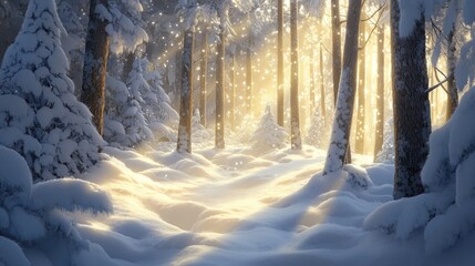 Wall Mural - A peaceful forest scene with snow drifts piling up around tree trunks, sunlight streaming through branches and causing the snow to shimmer