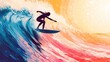 © Almahyra - Silhouette of surfer woman riding a large wave at sunset.