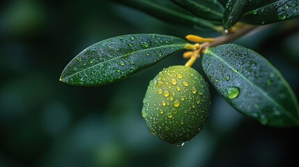 Sticker - Vibrant Green Olive with Dew Drops on Lush Leaves