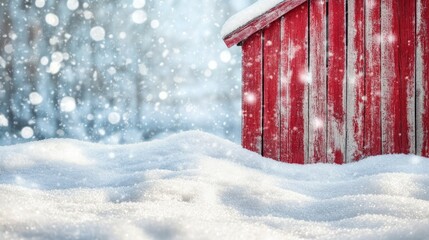 Wall Mural - Sparkling snow drifts piled up against a wooden barn, the rustic red paint contrasting beautifully with the pure white snow