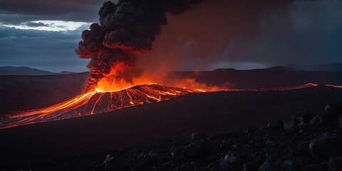 Wall Mural - A hyper-realistic depiction of a violent volcano eruption, lava explosively bursting from the crater, lit by dramatic lightning strikes in the background, utilizing three-point lighting