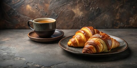 A delightful morning treat two golden-brown croissants served on a dark plate, accompanied by a steaming cup of coffee on a rustic surface.