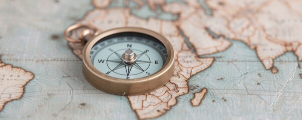 vintage brass compass resting on aged map for adventure and exploration concept