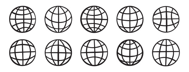 Canvas Print - website globe doodle hand drawn icon set. Outline drawing internet line clipart symbol collection