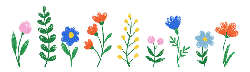 doodle flowers for kids with crayon, chalk or pastel texture. panoramic spring floral banner. easter