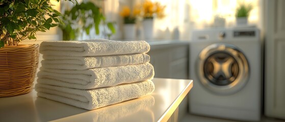 laundry room, a pristine white table adorned with neatly folded stacks of freshly laundered clothes. a sleek washing machine hums quietly in the background. lifestyle visuals 