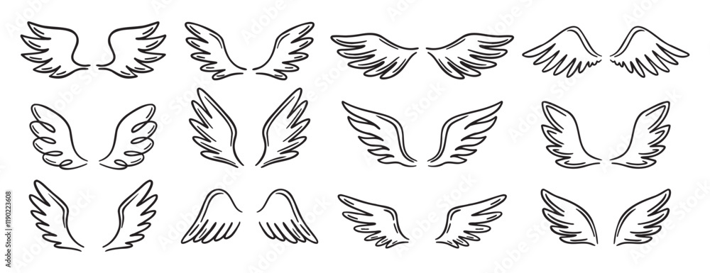 Angel wing doodle hand drawn icon set. Outline drawing angel wings line ...