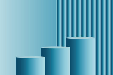 abstract blue podium cylinders on striped background for product presentation