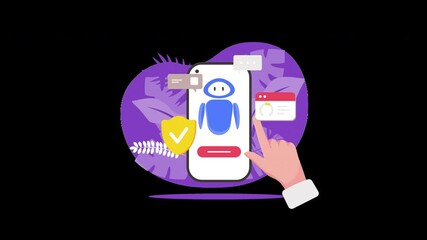 A cartoon of a mobile app interface featuring a robot, showcasing digital security elements against a purple background.