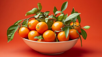 Canvas Print - Fresh mandarins with leaves in a white bowl against a red background.