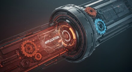 Application development in futuristic technology pipeline with glowing gears and industrial tech interface for modern software and digital transformation