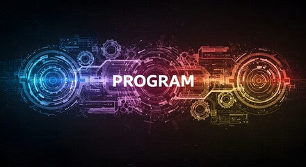 Program development visualization with futuristic digital interface and glowing gear design symbolizing technology innovation and advanced system integration