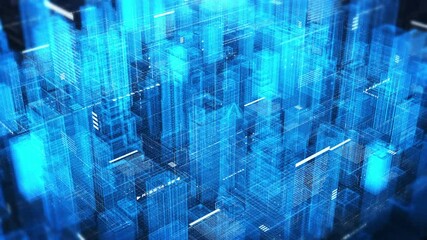 Fototapete - Futuristic smart city, skyscraper with hud digital ui system panel. Security data network communication 4K motion background.