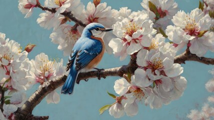 A colorful bee-eater, a wild tropical bird with a blue and green feather, perches on a lilac flower branch in nature