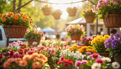 colorful hanging flower baskets in sunny market, spring celebration, hanging flower baskets day