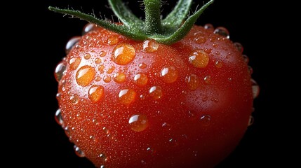 Poster - Vibrant Red Cherry Tomato with Glistening Water Droplets on Black Background