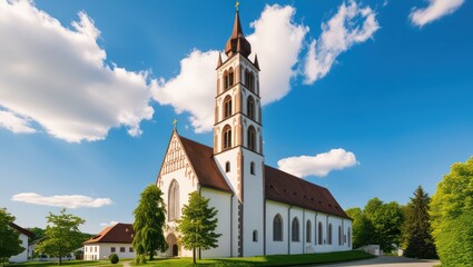 The historic Church of St John the Baptist is a religious building with a steeple, a prominent example of Catholic architecture in a European town