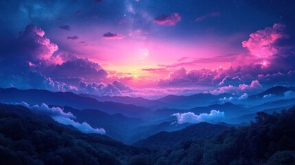 Wall Mural - Vibrant sunset over majestic mountain range with colorful clouds and misty valleys.