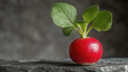 Poster - Vibrant Red Radish with Dewy Green Leaves on Dark Background