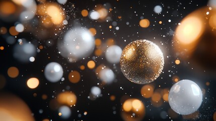 Wall Mural - a soft bokeh light effect shining on a black background, with golden and white shimmering orbs in va