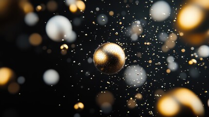 Wall Mural - a soft bokeh light effect shining on a black background, with golden and white shimmering orbs in va