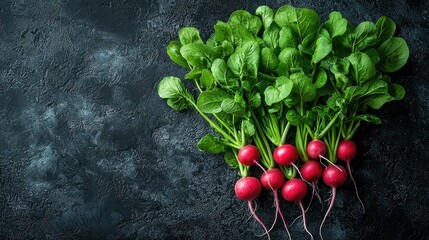 Poster - Vibrant Red Radishes with Lush Green Leaves on Dark Textured Background