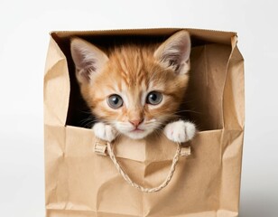 Wall Mural - Adorable Ginger Kitten Peeking from a Brown Paper Bag, Cute Pet Portrait