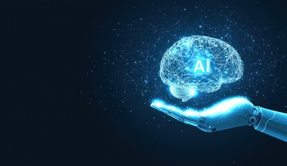 Dark blue backdrop with glowing AI brain in robot hand.
