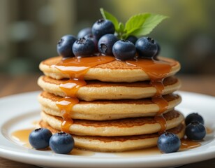 Wall Mural - Delicious Buttermilk Pancakes Stack with Blueberries and Caramel Sauce