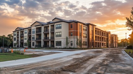 Images of residential buildings, housing developments, and yards for the real estate development report in the construction budget